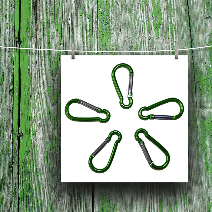 Set of 5 aluminum carabiners. Anodized. Size: 50 x 4 mm.